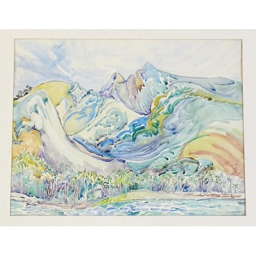 1982 - Katherine A. Nix-James, 20th century, Watercolour, A coastal scene with palm trees, and mountains be... 