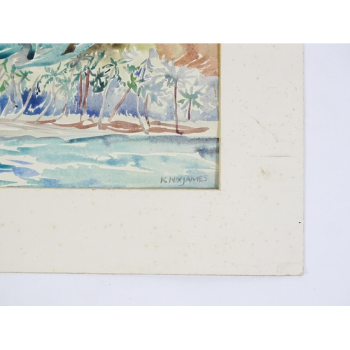 1982 - Katherine A. Nix-James, 20th century, Watercolour, A coastal scene with palm trees, and mountains be... 