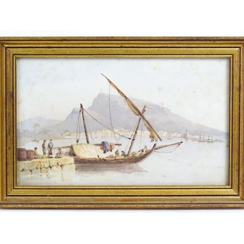 1985 - 19th century, Watercolour, A Greek / Turkish harbour scene with fishermen and boats, with mountain b... 