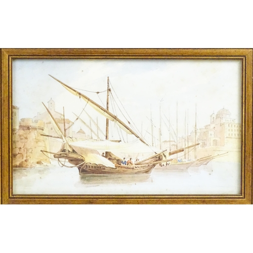 1986 - 19th century, Watercolour, A Greek / Turkish harbour entrance with fishermen and boats. Approx. 5 3/... 