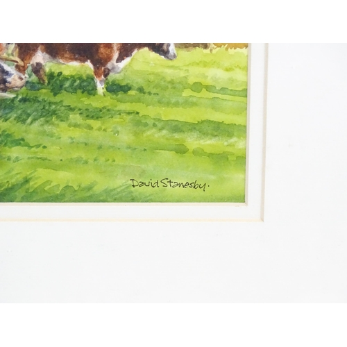 1990 - David Stanesby (1940-2007), Watercolour, Three long horned cattle in field with barn beyond. Signed ... 