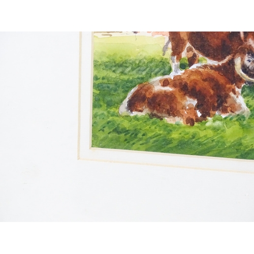 1990 - David Stanesby (1940-2007), Watercolour, Three long horned cattle in field with barn beyond. Signed ... 