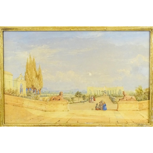 1993 - 19th century, Continental School, Watercolour, A view of Palace gardens with a fountain, pair of sph... 