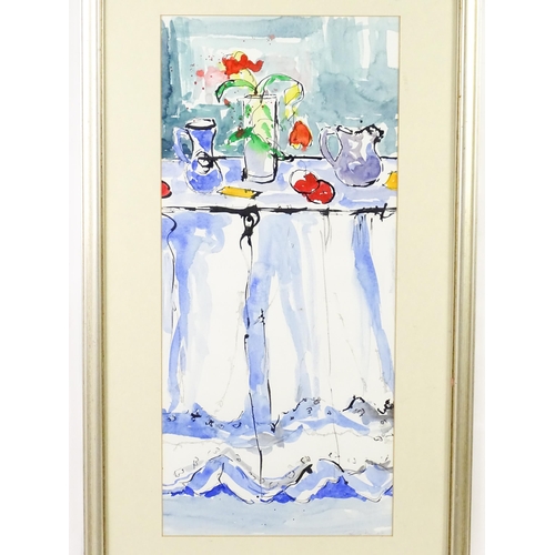 1995 - Rosina Flower, 20th century, Watercolour, A still life study with a vase of flowers, jugs and fruit ... 