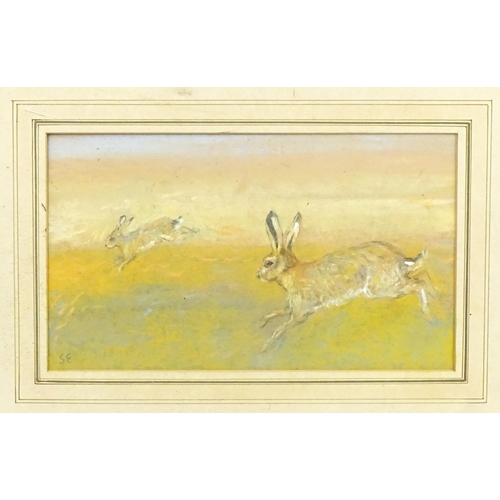 2006 - Shan Egerton, 20th century, Pastel, Hares in Spring Stubble. Signed with initials lower left. Approx... 