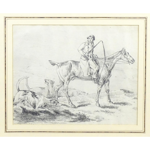 2007 - W. Crowley, 19th century, Pencil on paper, The Hunt, A man on horseback with running hounds. Signed ... 