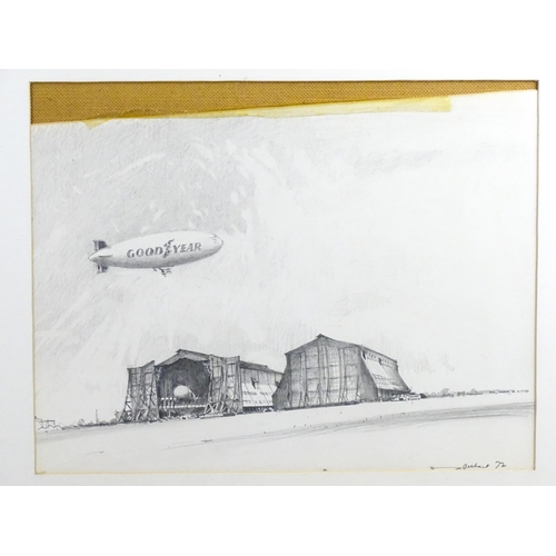 2012 - Stanley Orchart (1920-2005), Pencil drawing, A view of Goodyear airship over the hangar at RAF Cardi... 