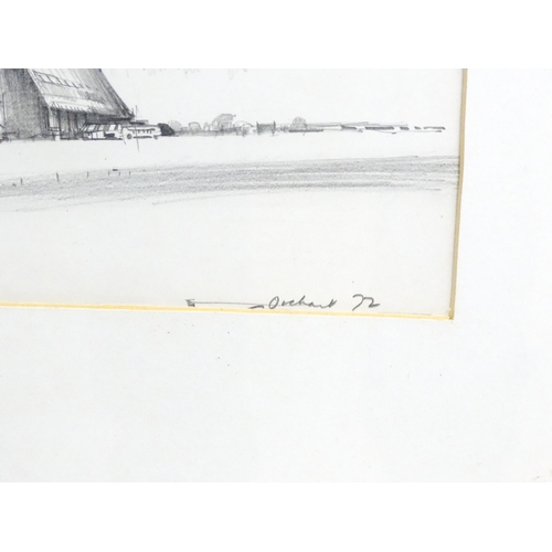 2012 - Stanley Orchart (1920-2005), Pencil drawing, A view of Goodyear airship over the hangar at RAF Cardi... 