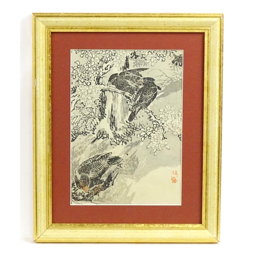 2020 - After Kono Bairei (1844-1895), Woodblock print, Waterfall with Blackbirds. Red character seal lower ... 