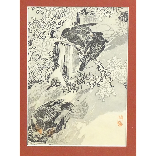 2020 - After Kono Bairei (1844-1895), Woodblock print, Waterfall with Blackbirds. Red character seal lower ... 