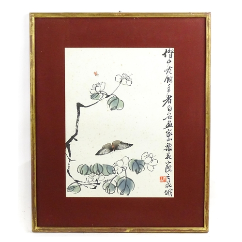 2024 - 20th century, Chinese School, Woodblock print by Rong Bar Zhai, A butterfly and insect with flowers ... 