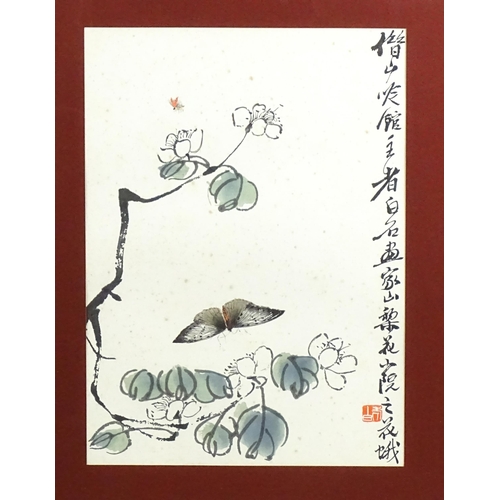 2024 - 20th century, Chinese School, Woodblock print by Rong Bar Zhai, A butterfly and insect with flowers ... 