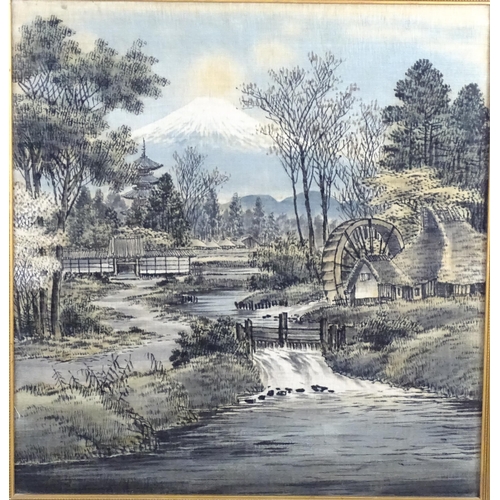 2026 - 20th century, Japanese School, Watercolour on silk, A river landscape with a mill and Mount Fuji bey... 