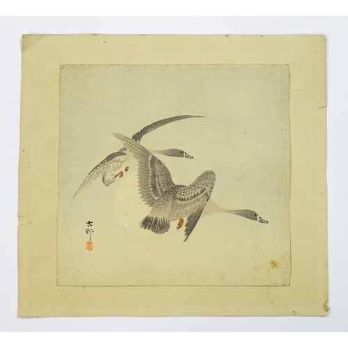 2027 - After Ohara Koson (1877-1945), Japanese School, Woodblock print, Two Geese in Flight. Character mark... 