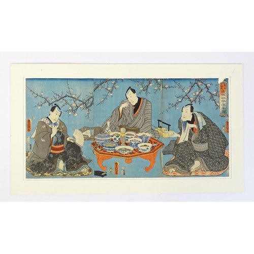 2028 - After Utagawa Kunisada (1786-1865), Japanese School, Woodblock print, A triptych, Three Actors in a ... 