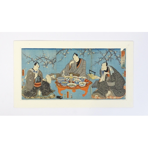 2028 - After Utagawa Kunisada (1786-1865), Japanese School, Woodblock print, A triptych, Three Actors in a ... 