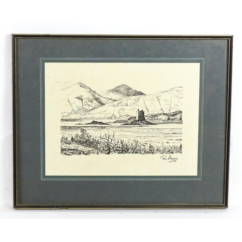 2091 - Pat Amd, Scottish School, 20th century, Ink drawing, Castle Stalker, Argyll, Scotland. Titled lower ... 