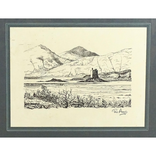 2091 - Pat Amd, Scottish School, 20th century, Ink drawing, Castle Stalker, Argyll, Scotland. Titled lower ... 