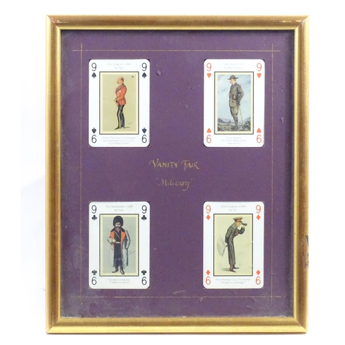 874 - Militaria: a framed group of four Vanity Fair military playing cards , each with cartoon depictions ... 