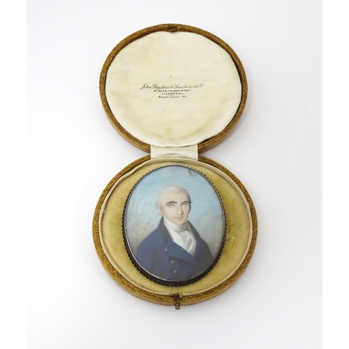 1265 - An 18thC English School oval watercolour and bodycolour portrait miniature depicting a gentleman wea... 