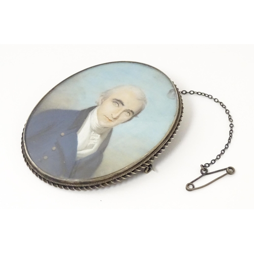 1265 - An 18thC English School oval watercolour and bodycolour portrait miniature depicting a gentleman wea... 