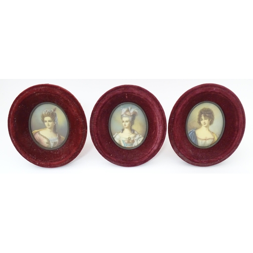 1267 - Three 20thC Continental portrait miniatures on celluloid depicting noble women. Each signed with ini... 