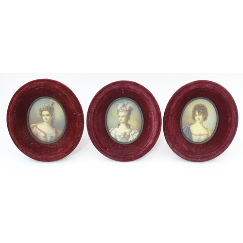 1267 - Three 20thC Continental portrait miniatures on celluloid depicting noble women. Each signed with ini... 