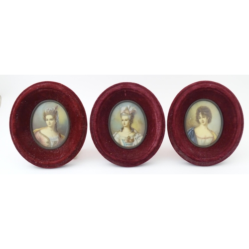 1267 - Three 20thC Continental portrait miniatures on celluloid depicting noble women. Each signed with ini... 