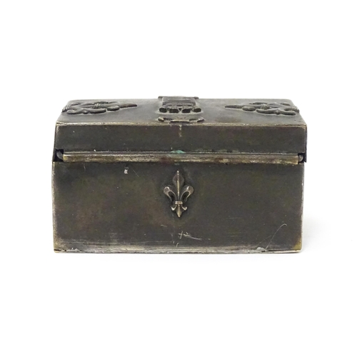 1273 - A 19thC French memento / ring box with strapwork and fleur de lys mounts, the lid bearing the coat o... 