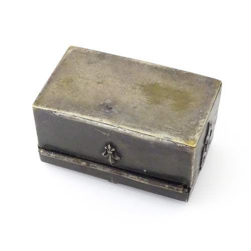 1273 - A 19thC French memento / ring box with strapwork and fleur de lys mounts, the lid bearing the coat o... 