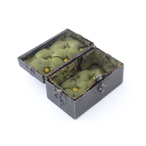 1273 - A 19thC French memento / ring box with strapwork and fleur de lys mounts, the lid bearing the coat o... 