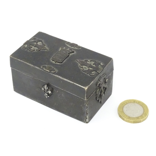 1273 - A 19thC French memento / ring box with strapwork and fleur de lys mounts, the lid bearing the coat o... 