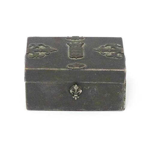 1273 - A 19thC French memento / ring box with strapwork and fleur de lys mounts, the lid bearing the coat o... 