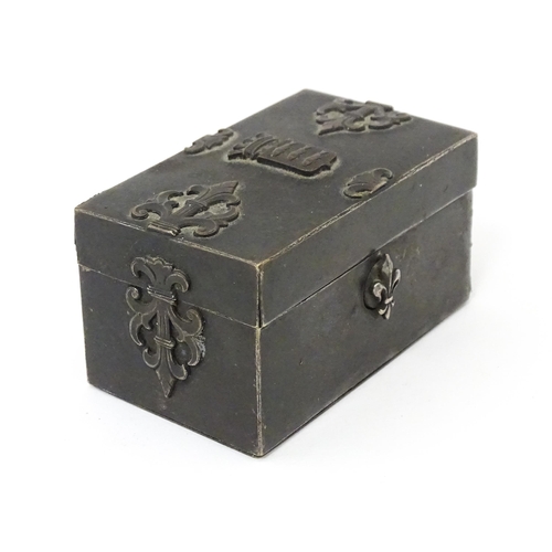 1273 - A 19thC French memento / ring box with strapwork and fleur de lys mounts, the lid bearing the coat o... 