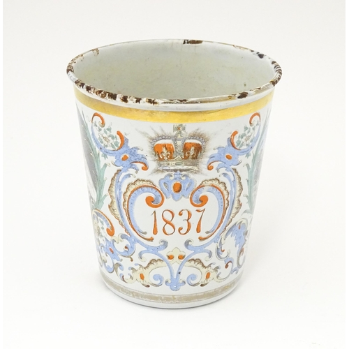 1287 - A Victorian tin and enamel beaker commemorating Queen Victoria's Diamond Jubilee depicting the Royal... 