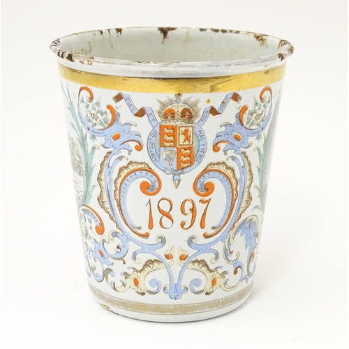 1287 - A Victorian tin and enamel beaker commemorating Queen Victoria's Diamond Jubilee depicting the Royal... 