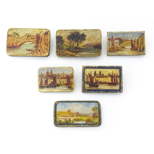 1288 - Six late 19th / early 20thC miniature oil on board plaques to include a view of a Bridge of Sighs, r... 