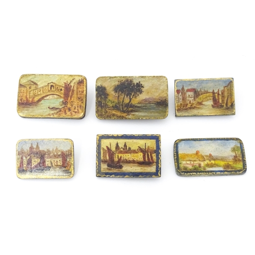 1288 - Six late 19th / early 20thC miniature oil on board plaques to include a view of a Bridge of Sighs, r... 