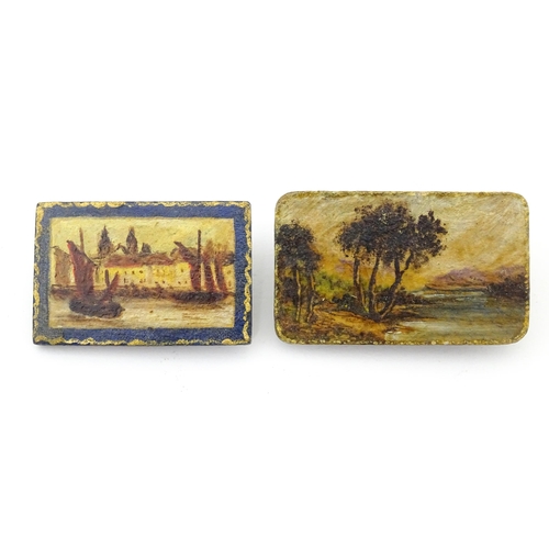 1288 - Six late 19th / early 20thC miniature oil on board plaques to include a view of a Bridge of Sighs, r... 