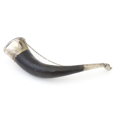 1290 - An early 20thC eastern bovine horn vessel, with metal mounts and chain, approx 11 1/4