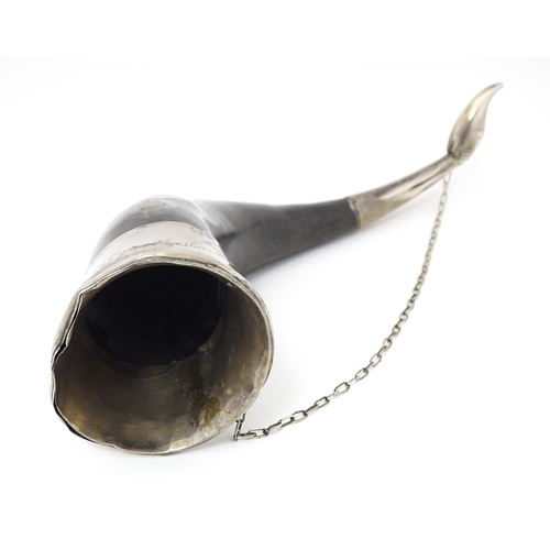 1290 - An early 20thC eastern bovine horn vessel, with metal mounts and chain, approx 11 1/4