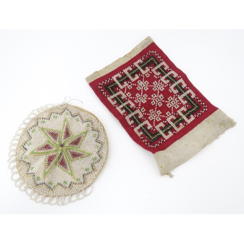 1294 - A 19thC beadwork sample. Together with a 19thC beadwork pouch / pocket with polychrome bead detail. ... 