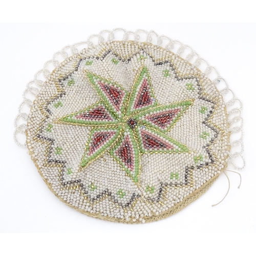 1294 - A 19thC beadwork sample. Together with a 19thC beadwork pouch / pocket with polychrome bead detail. ... 