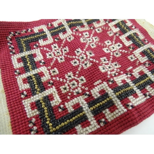 1294 - A 19thC beadwork sample. Together with a 19thC beadwork pouch / pocket with polychrome bead detail. ... 