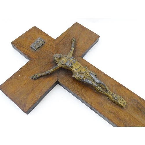 1308 - An early 20thC crucifix with cast Corpus Christi / Jesus Christ, INRI banner, and five medallions, f... 