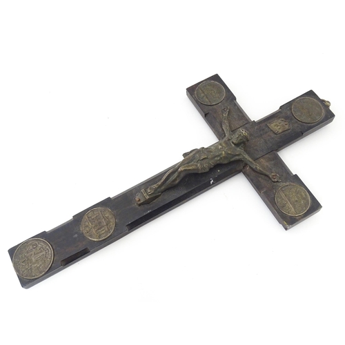 1308 - An early 20thC crucifix with cast Corpus Christi / Jesus Christ, INRI banner, and five medallions, f... 