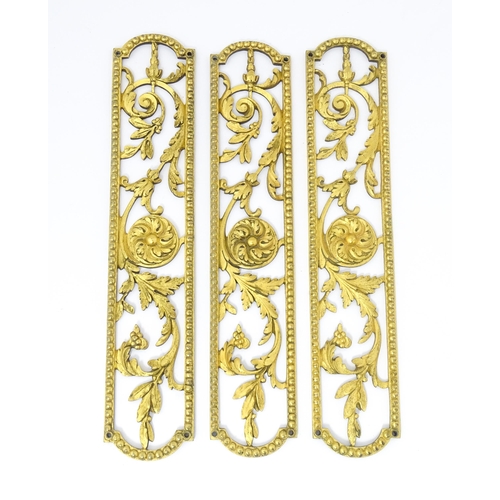 1309 - Three gilt metal finger plates with acanthus scroll and rosette detail. Approx. 9 3/4