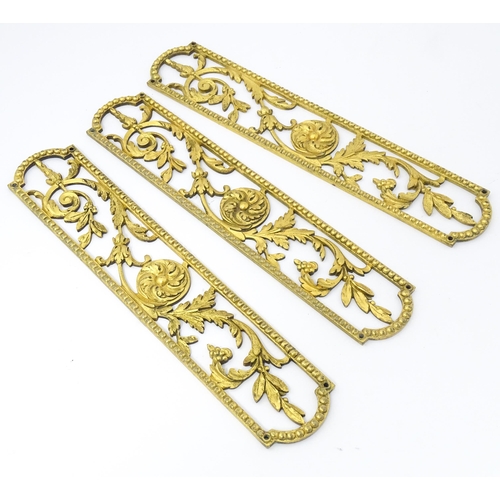 1309 - Three gilt metal finger plates with acanthus scroll and rosette detail. Approx. 9 3/4