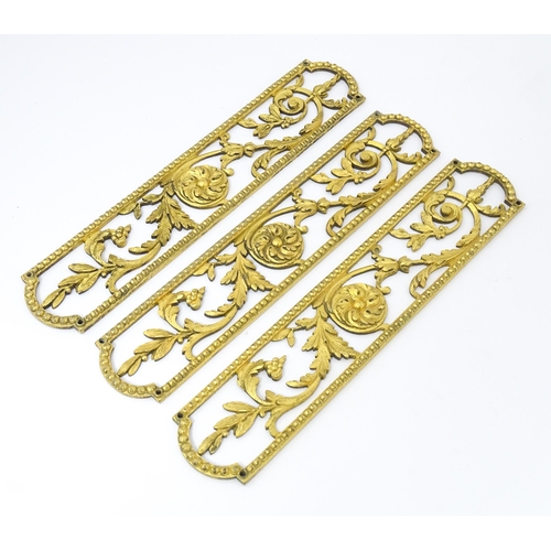 1309 - Three gilt metal finger plates with acanthus scroll and rosette detail. Approx. 9 3/4