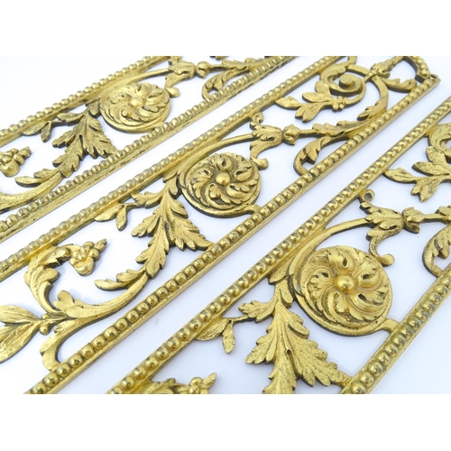 1309 - Three gilt metal finger plates with acanthus scroll and rosette detail. Approx. 9 3/4